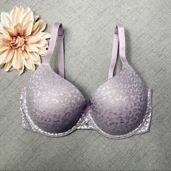 Victoria Secret Pink Wear Everywhere T Shirt Bra Purple & Silver Lace 34DD - Picture 3 of 9